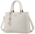 Medium women's PU handbag with zip top, soft handle, car suture detail, and horizontal square shape