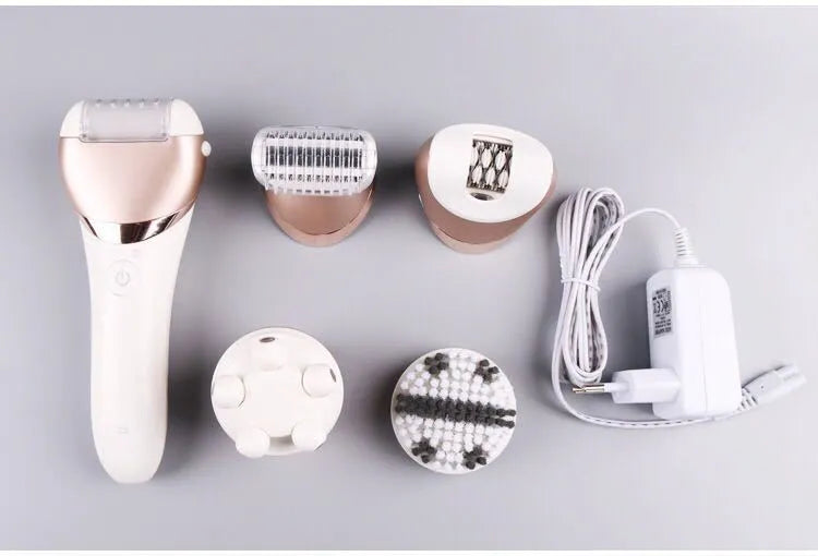 Five-in-one rechargeable ladies shaver and plucker in white, ABS body, whole body washing, 0.9KG