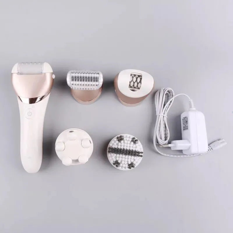 Five-in-one rechargeable ladies shaver and plucker in white, ABS body, whole body washing, 0.9KG