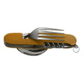 Multifunctional stainless steel outdoor camping knife fork spoon set folded and unfolded on a wooden table