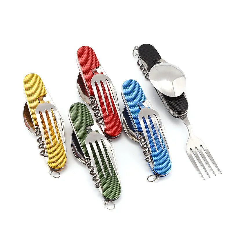 Multifunctional stainless steel outdoor camping knife fork spoon set folded and unfolded on a wooden table