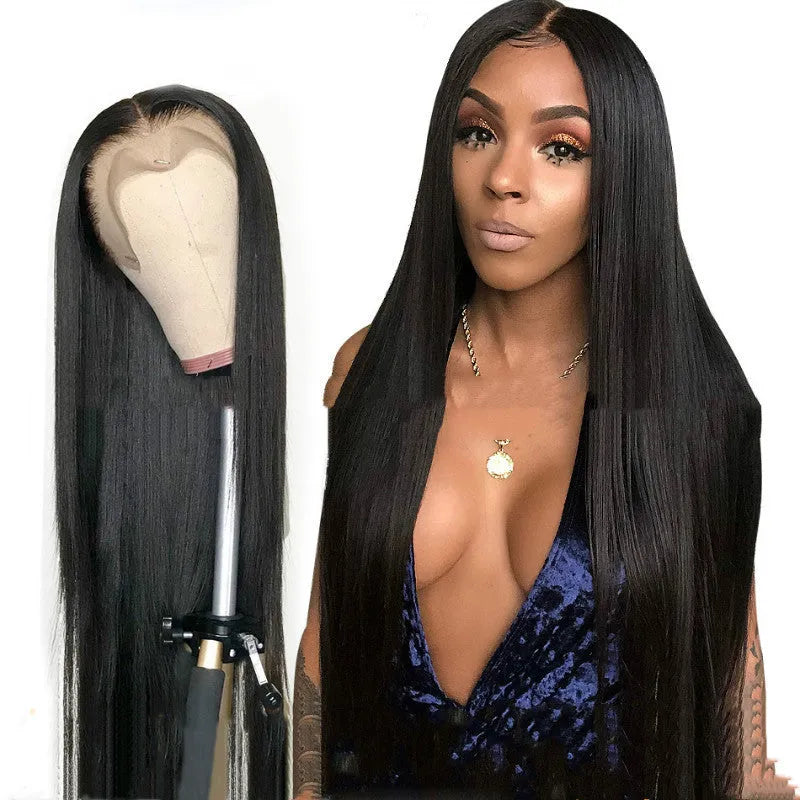 Black long straight wig, 26 inch, middle parting, high temperature fibre synthetic hairpiece