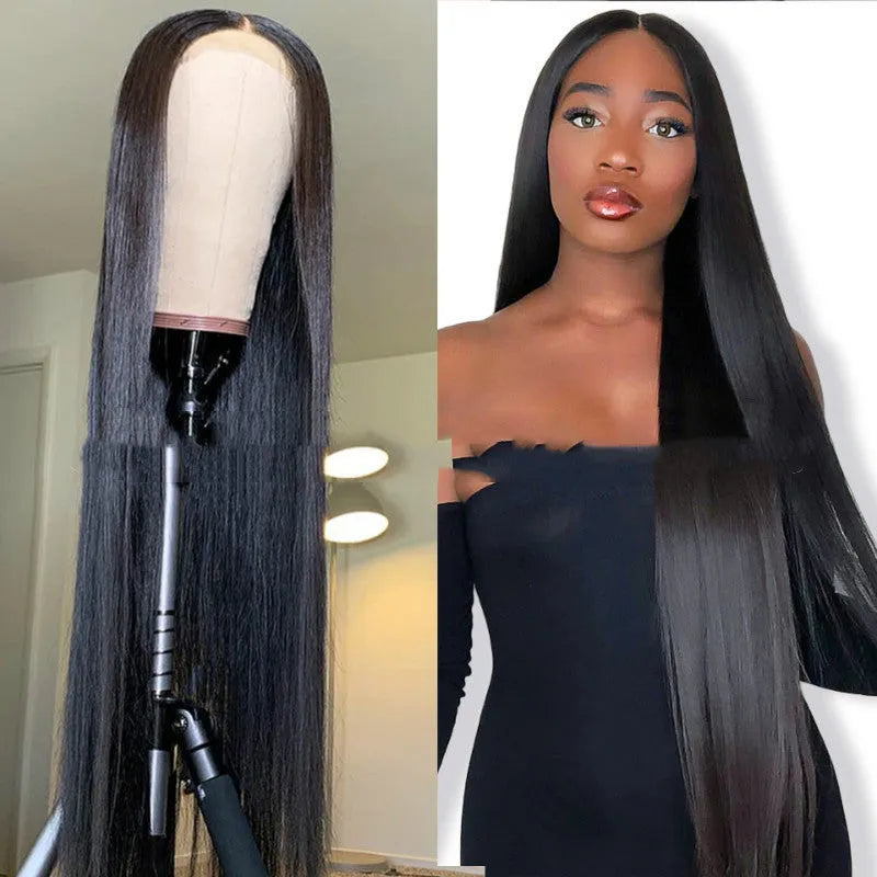 Black long straight wig, 26 inch, middle parting, high temperature fibre synthetic hairpiece
