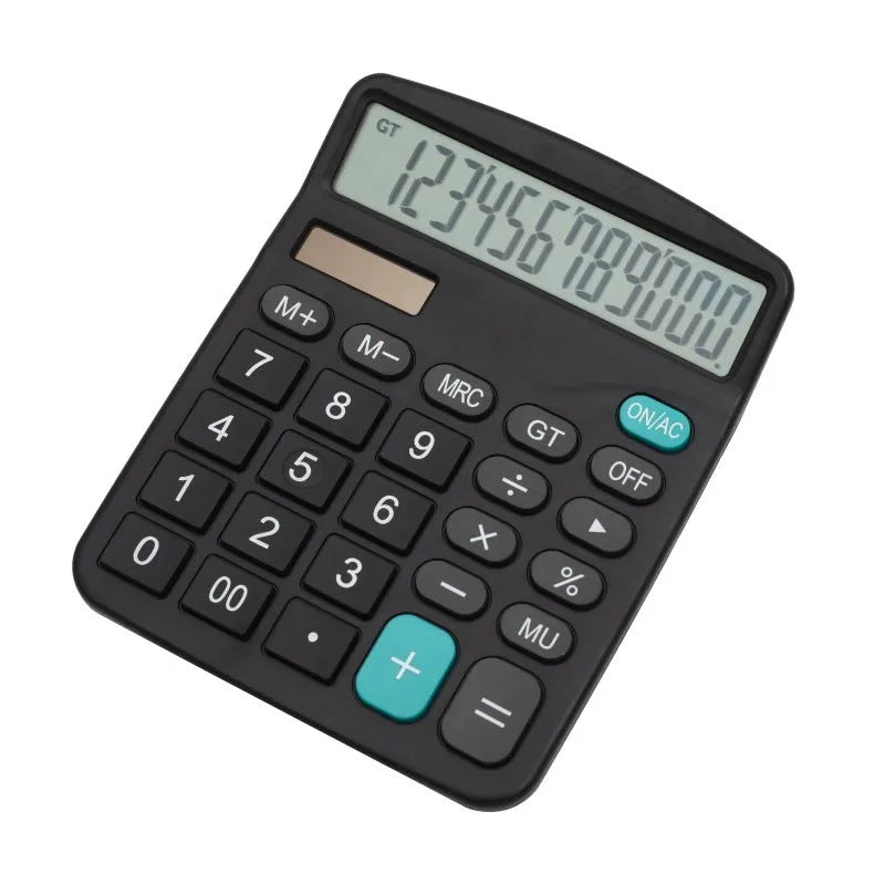 Black twelve-digit solar desktop calculator on a desk surface with large display