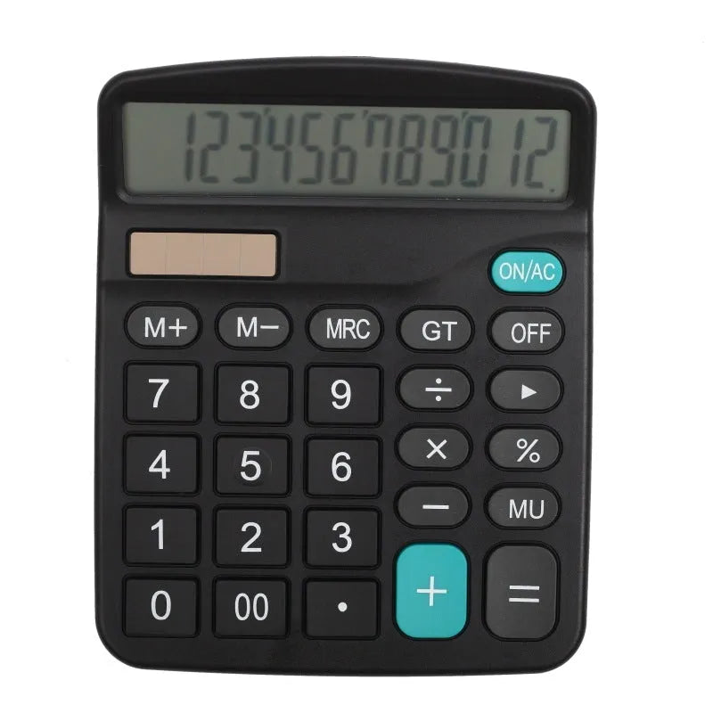 Black twelve-digit solar desktop calculator on a desk surface with large display