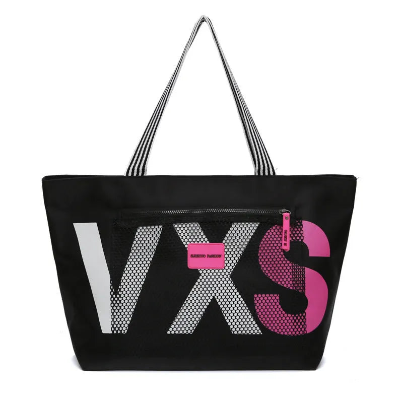 Women's large waterproof shoulder bag Oxford cloth nylon letter print tote in blue with zipper closure