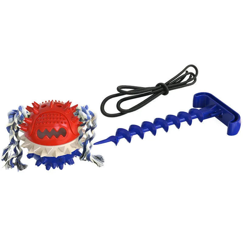Bright yellow TPR dog draw rope ball for teething and fetch on grass