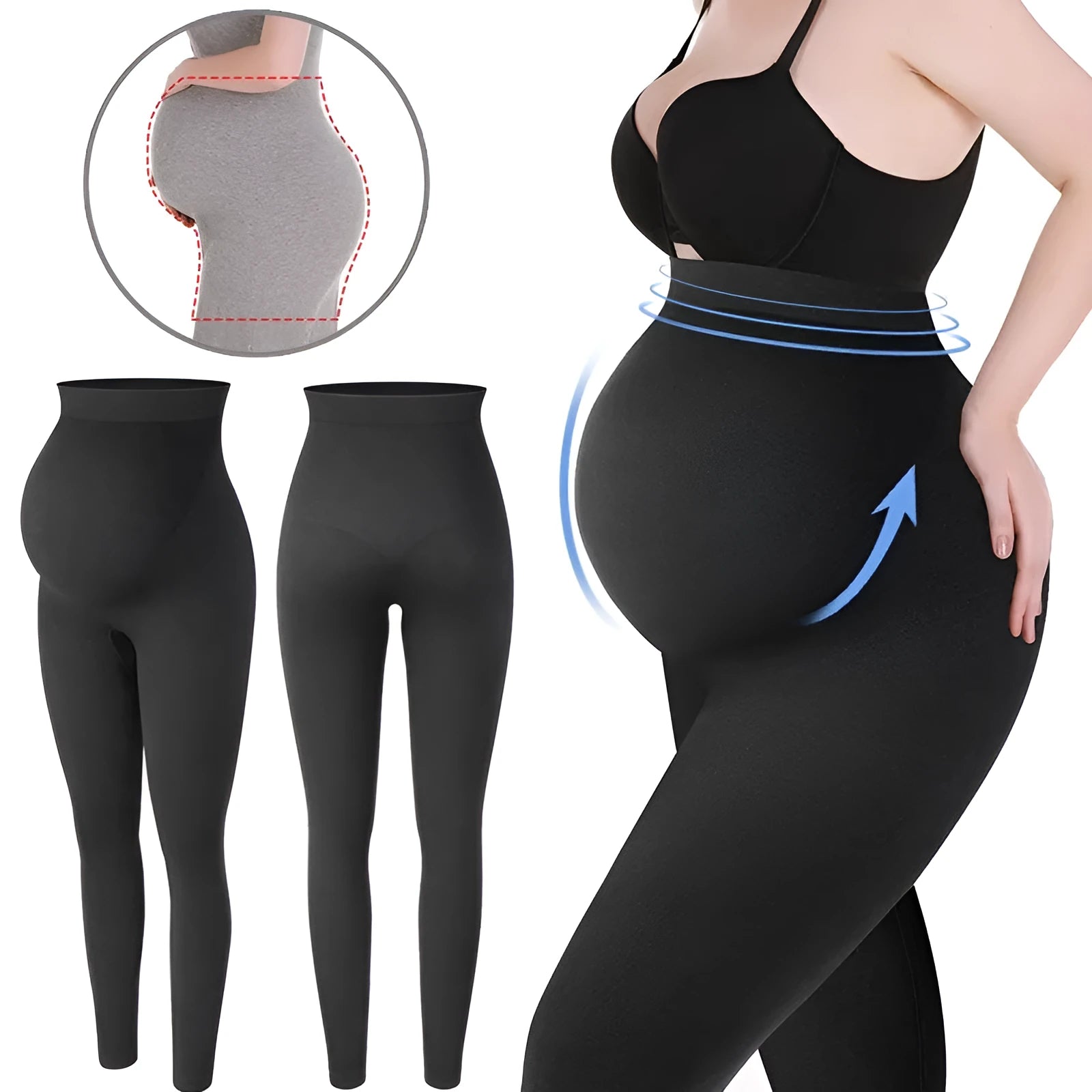 Black cotton high-waist maternity leggings for pregnancy, sizes S M L, on display