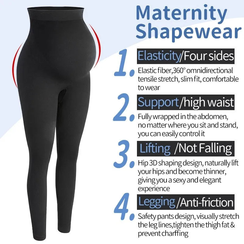 Black cotton high-waist maternity leggings for pregnancy, sizes S M L, on display