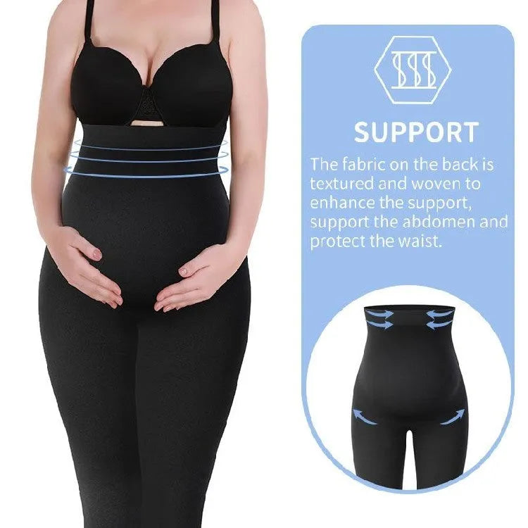 Black cotton high-waist maternity leggings for pregnancy, sizes S M L, on display