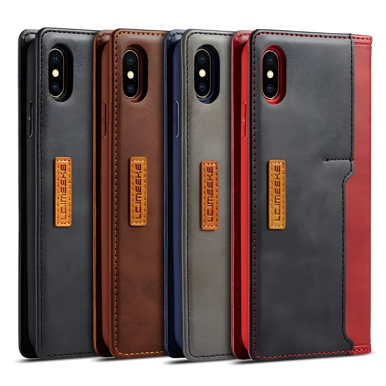 Flip-style leather and PU wallet case for iPhone shown open, revealing interior card slots and phone cradle.