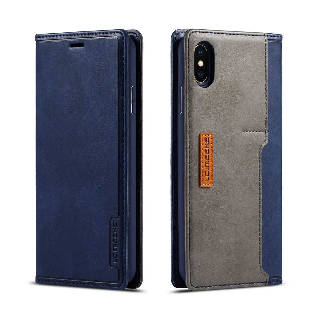 Flip-style leather and PU wallet case for iPhone shown open, revealing interior card slots and phone cradle.