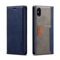 Flip-style leather and PU wallet case for iPhone shown open, revealing interior card slots and phone cradle.