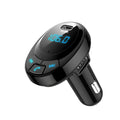 Black Bluetooth car MP3 charger with numeric display plugged into a car dashboard cigarette lighter.
