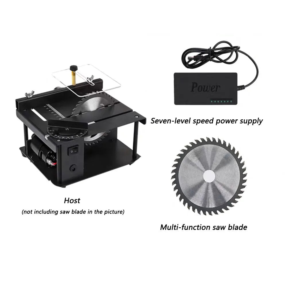 Black miniature table saw with sliding cutting table and 110mm blade for precise woodworking