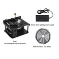 Black miniature table saw with sliding cutting table and 110mm blade for precise woodworking
