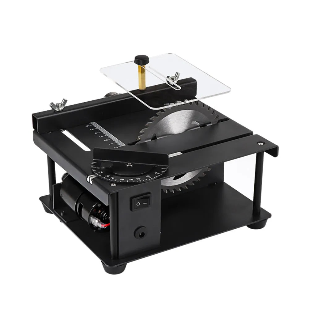Black miniature table saw with sliding cutting table and 110mm blade for precise woodworking