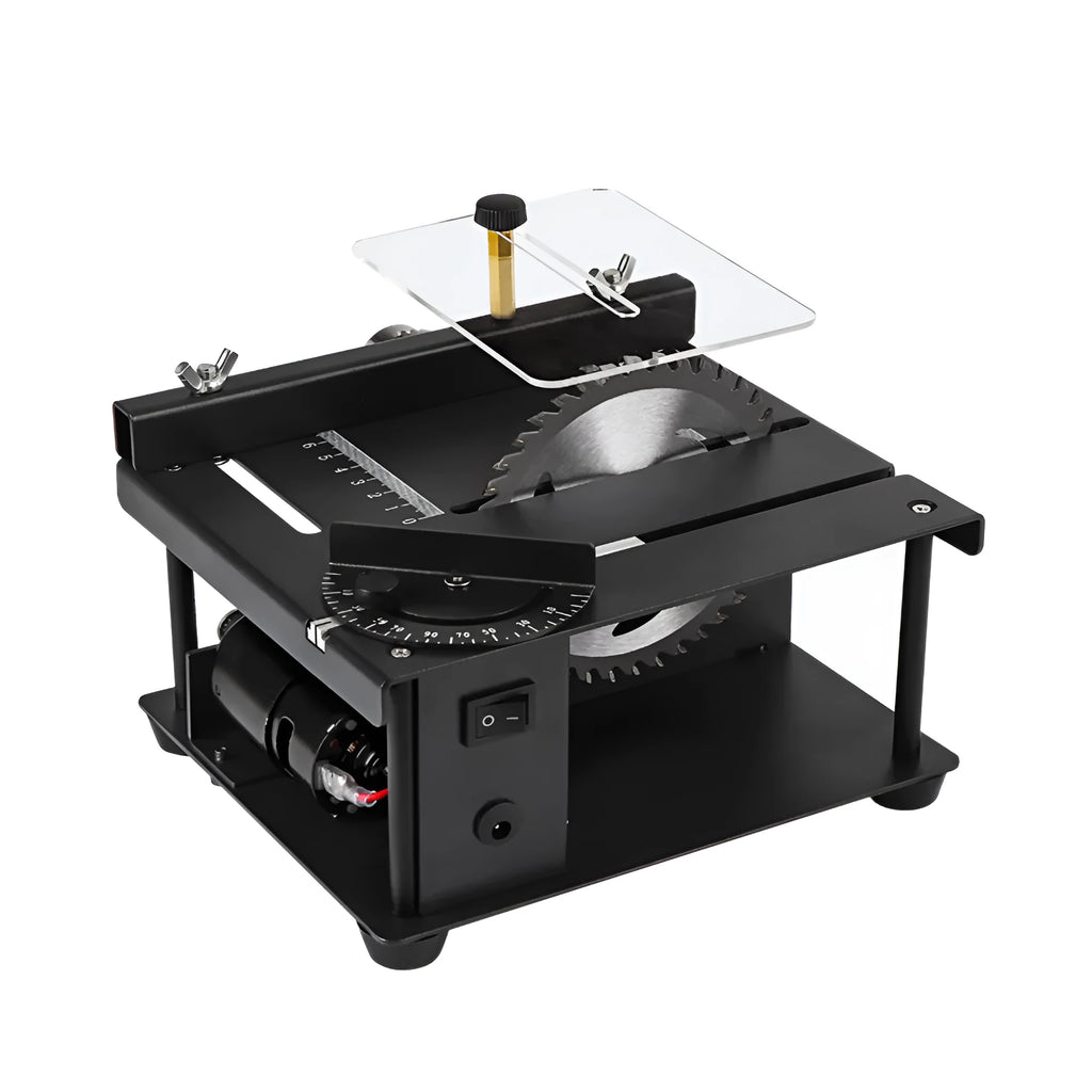 Black miniature table saw with sliding cutting table and 110mm blade for precise woodworking