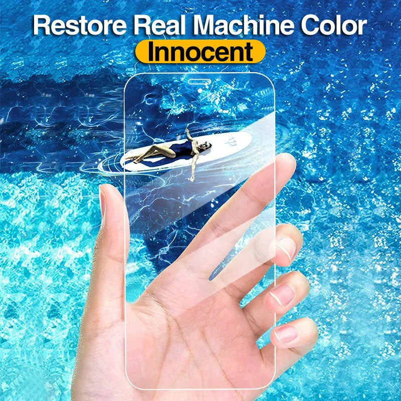 Four-pack of clear tempered glass screen protectors for iPhone with anti-blue light feature on a cleaning cloth
