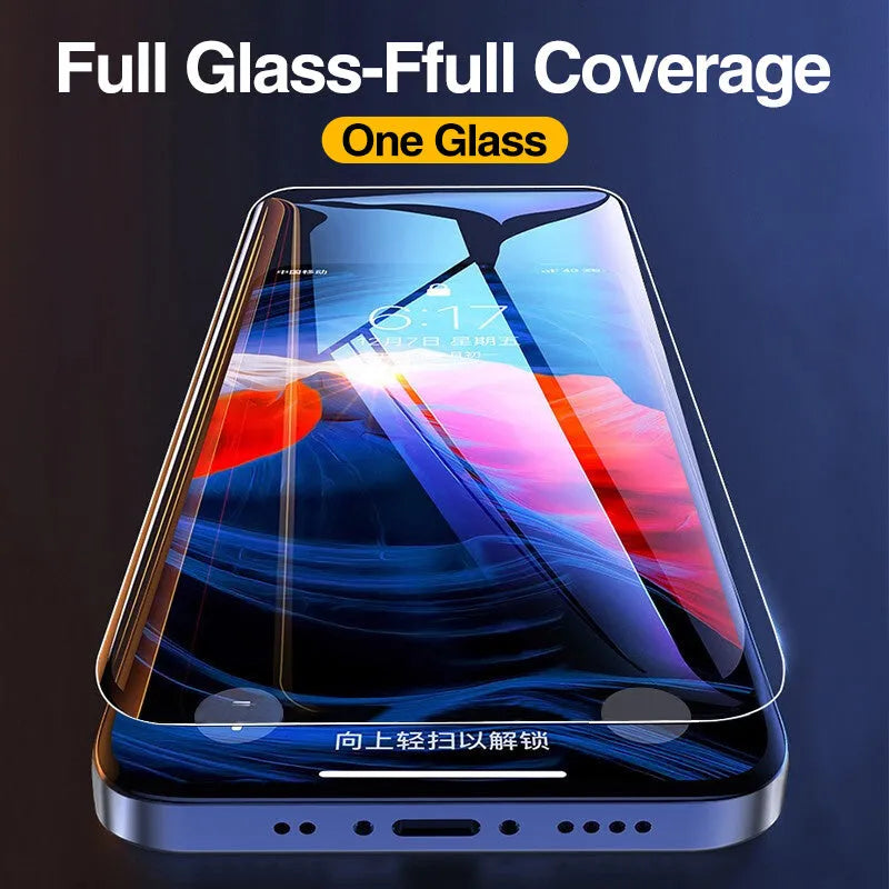 Four-pack of clear tempered glass screen protectors for iPhone with anti-blue light feature on a cleaning cloth