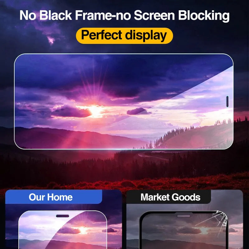 Four-pack of clear tempered glass screen protectors for iPhone with anti-blue light feature on a cleaning cloth