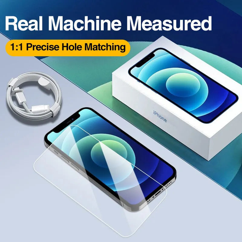 Four-pack of clear tempered glass screen protectors for iPhone with anti-blue light feature on a cleaning cloth