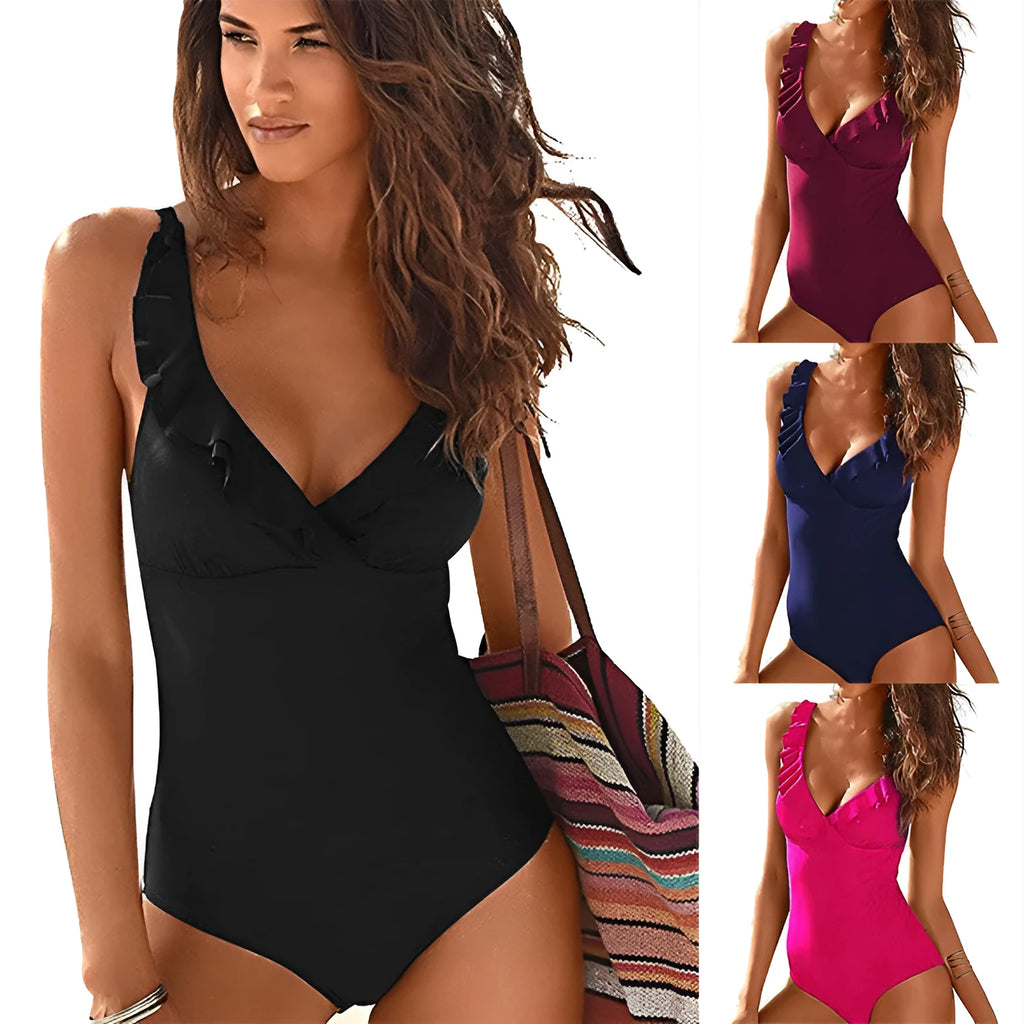 Women's one-piece v-neck ruffled swimsuit in solid colour with open back and chest pad