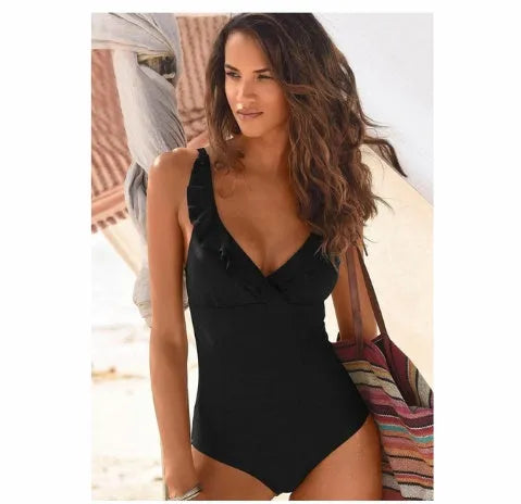 Women's one-piece v-neck ruffled swimsuit in solid colour with open back and chest pad