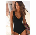 Women's one-piece v-neck ruffled swimsuit in solid colour with open back and chest pad
