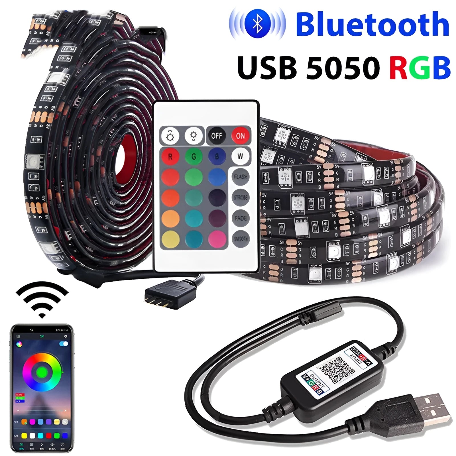 Bluetooth LED strip with infrared remote control for TV background lighting, 30 LED per metre, 5V dimmable