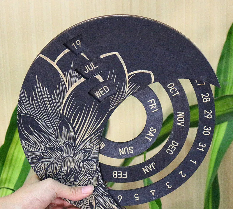 Round wooden perpetual wall calendar in basswood with polished finish, available in multiple colours