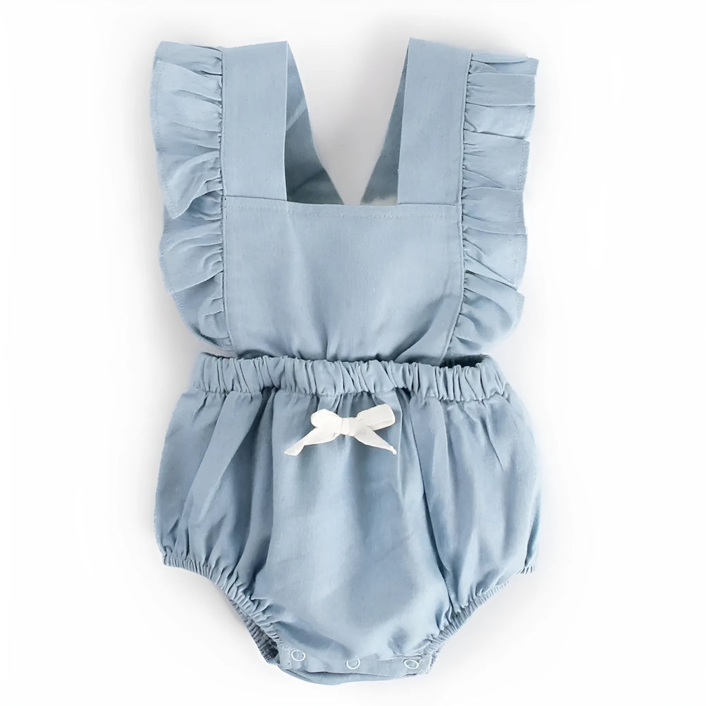 Blue denim sleeveless baby romper with princess styling and triangle climb closure