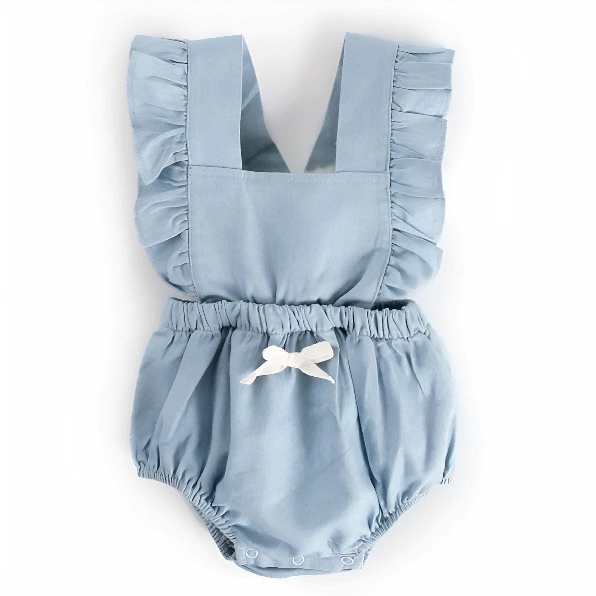 Blue denim sleeveless baby romper with princess styling and triangle climb closure