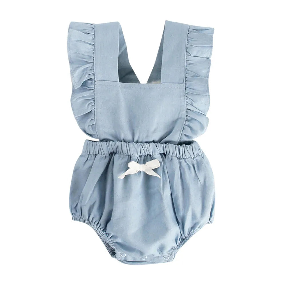 Blue denim sleeveless baby romper with princess styling and triangle climb closure