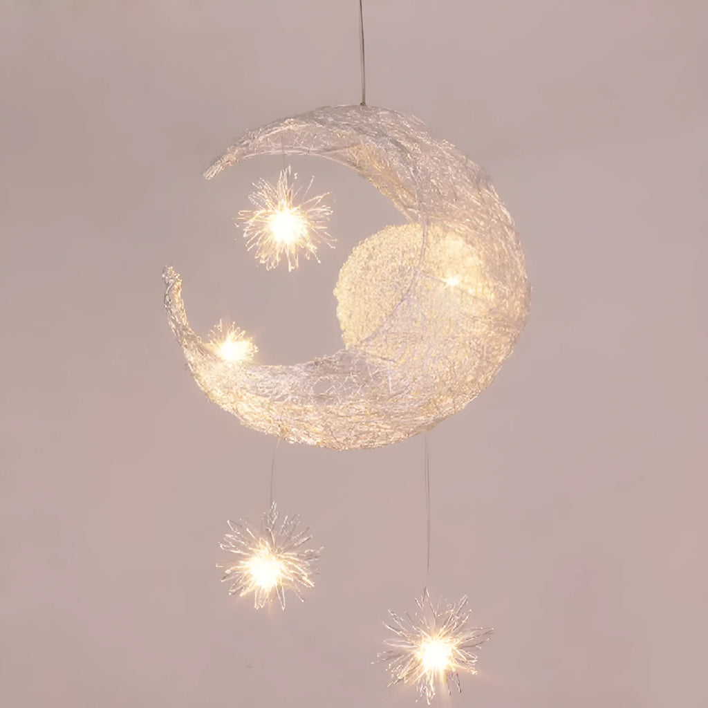 Aluminium wire star moon chandelier with zinc alloy frame and adjustable suspension.