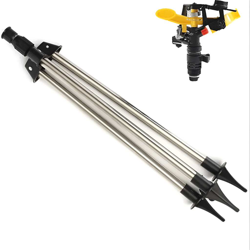 Automatic 360-degree rotating garden sprinkler on adjustable tripod for lawn irrigation with 8-12m range