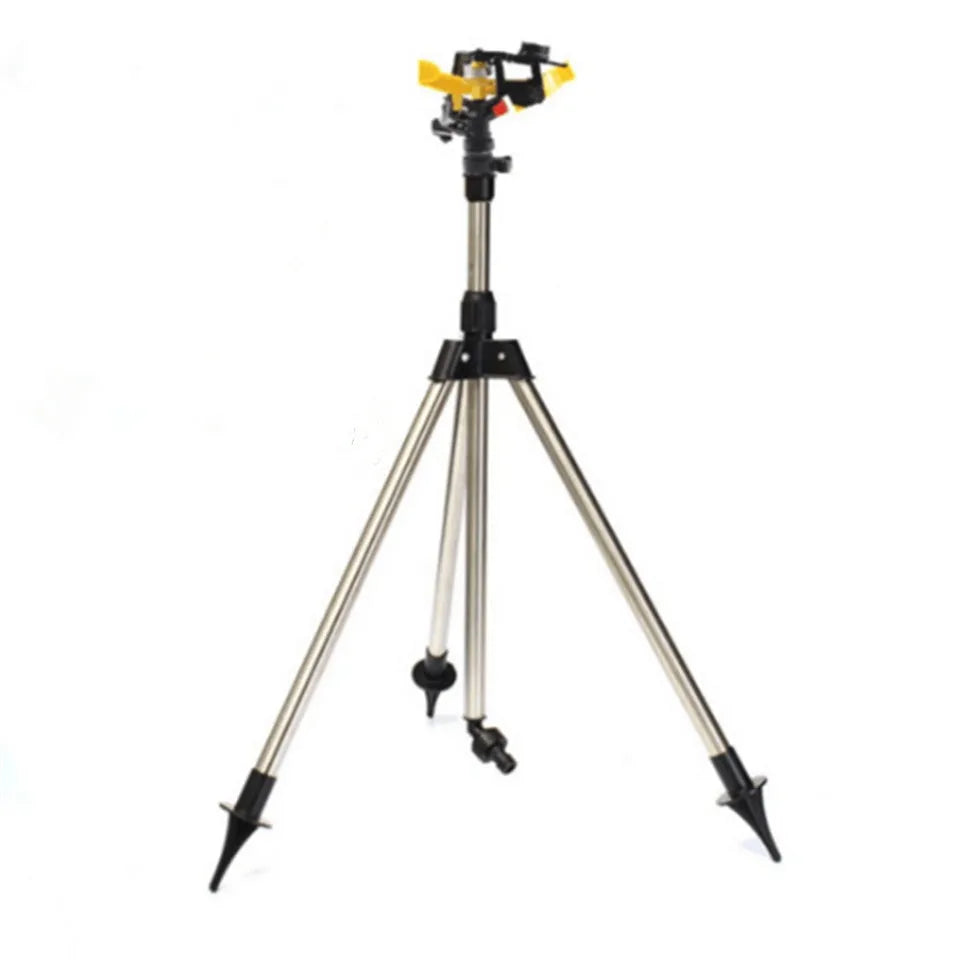 Automatic 360-degree rotating garden sprinkler on adjustable tripod for lawn irrigation with 8-12m range