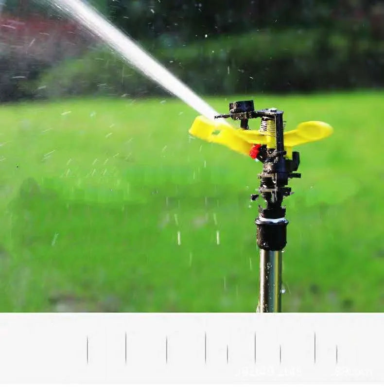 Automatic 360-degree rotating garden sprinkler on adjustable tripod for lawn irrigation with 8-12m range