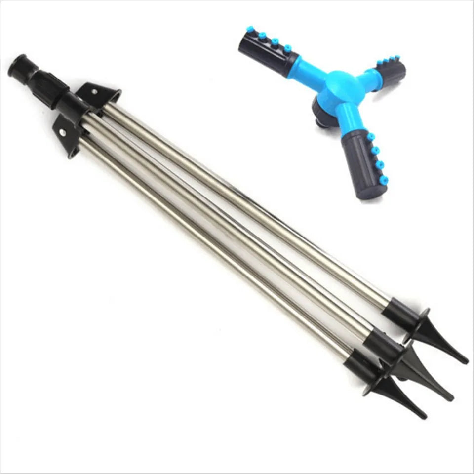 Automatic 360-degree rotating garden sprinkler on adjustable tripod for lawn irrigation with 8-12m range