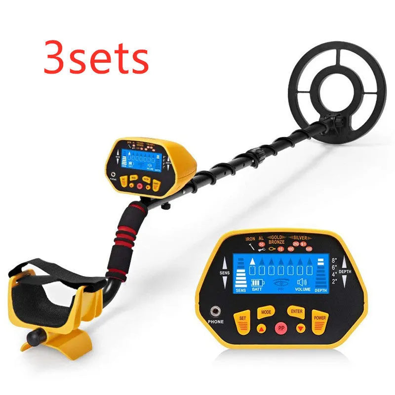GC1028 black and yellow metal detector with LCD screen and waterproof search coil on adjustable pole.