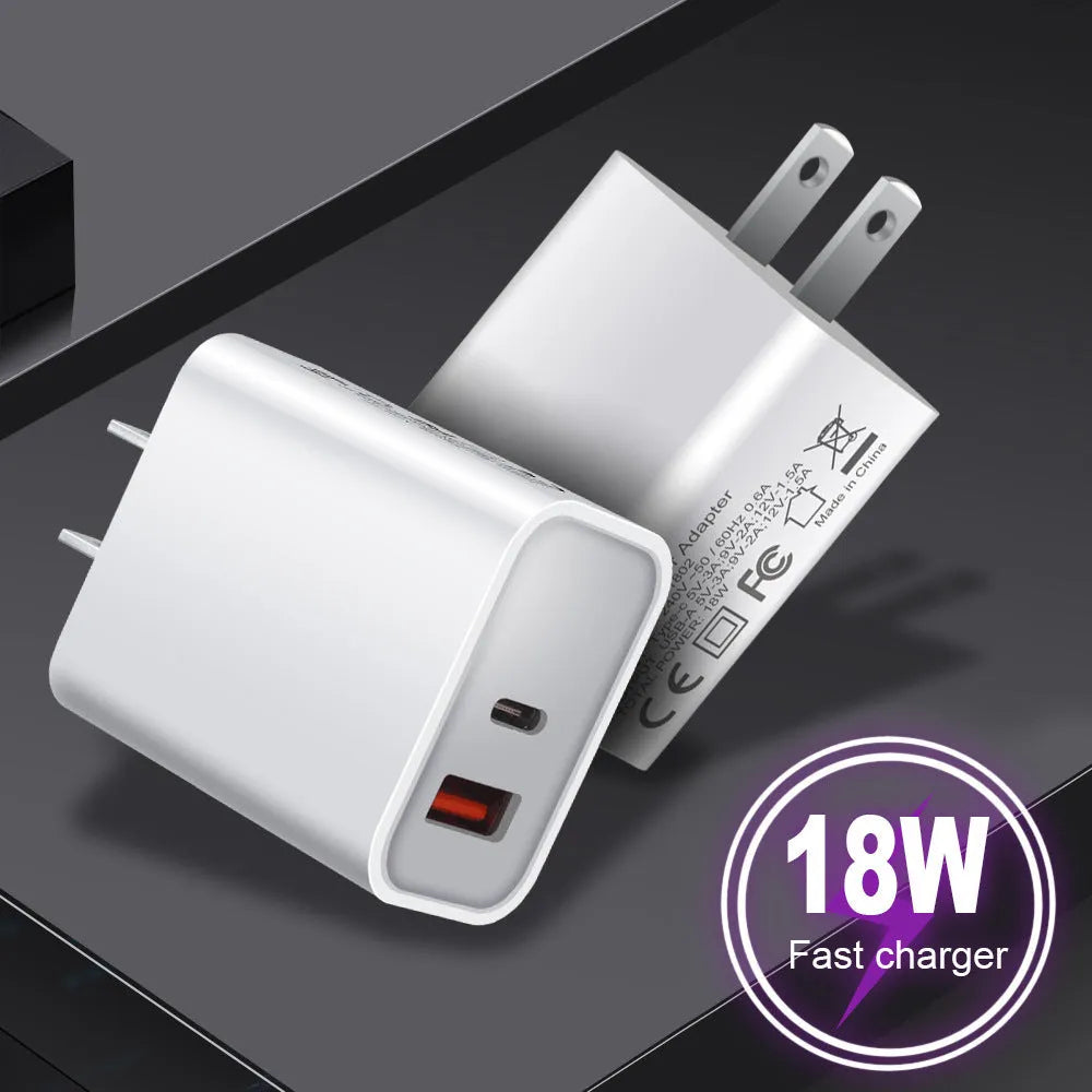 White 18W fast charging plug with dual USB ports, showing EU, UK, and US plug style options.