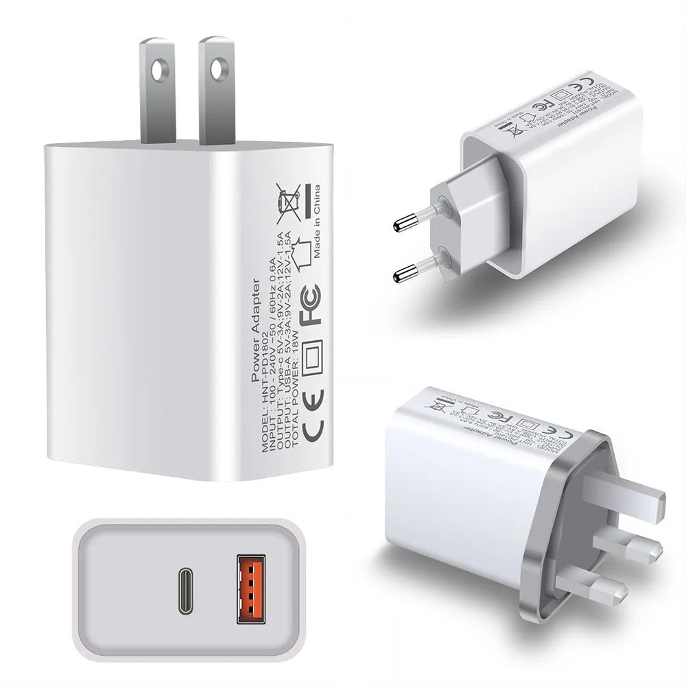White 18W fast charging plug with dual USB ports, showing EU, UK, and US plug style options.