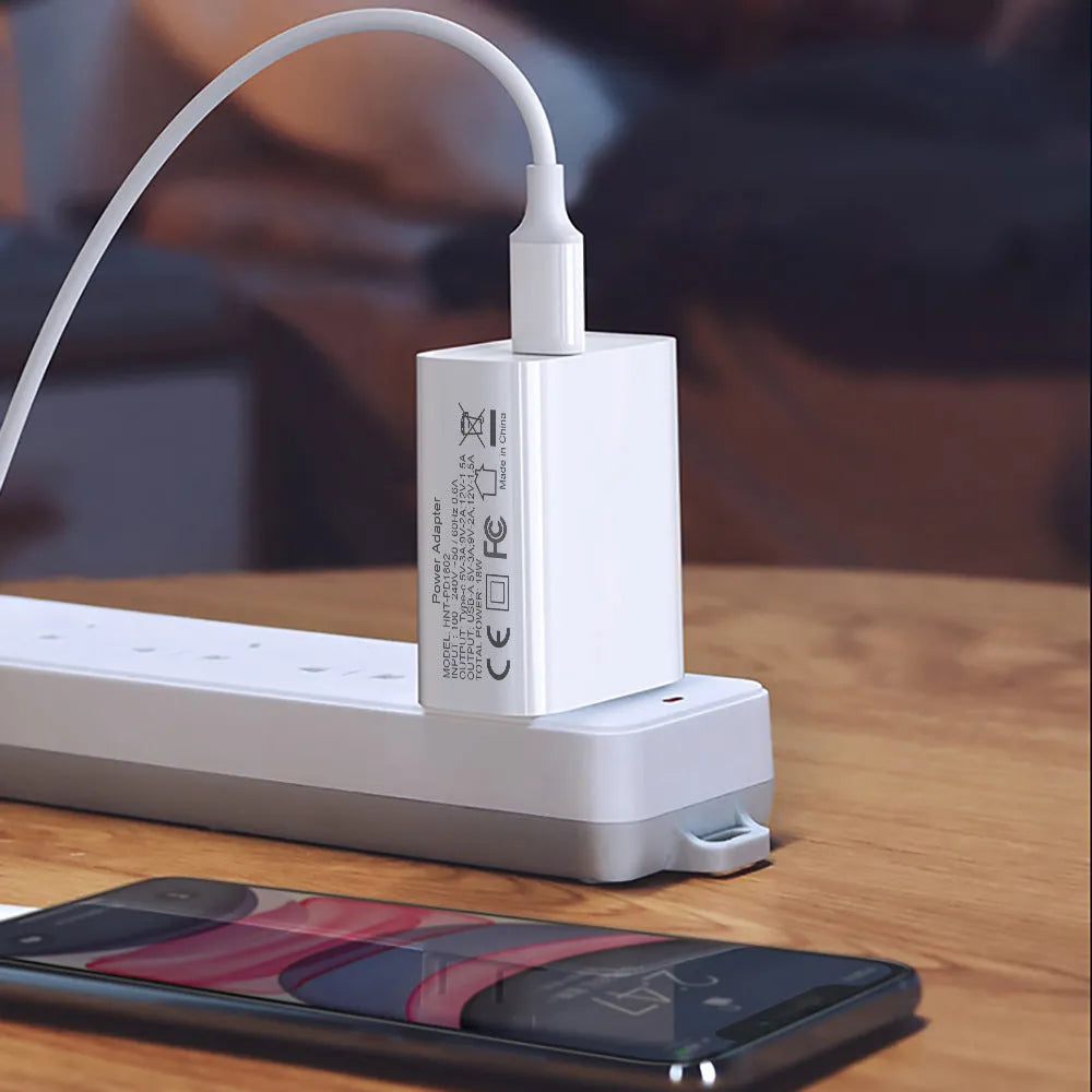 White 18W fast charging plug with dual USB ports, showing EU, UK, and US plug style options.