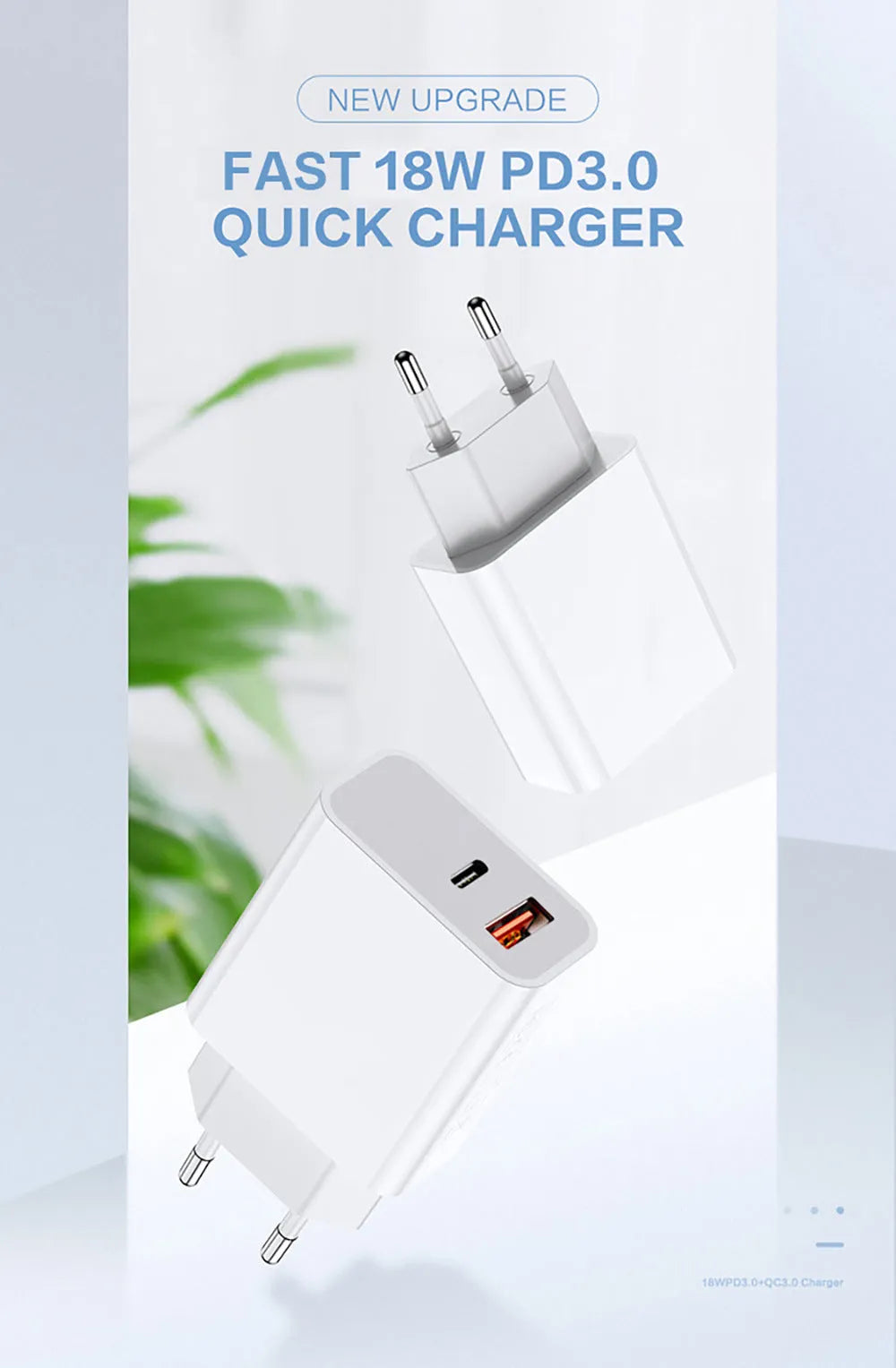 White 18W fast charging plug with dual USB ports, showing EU, UK, and US plug style options.