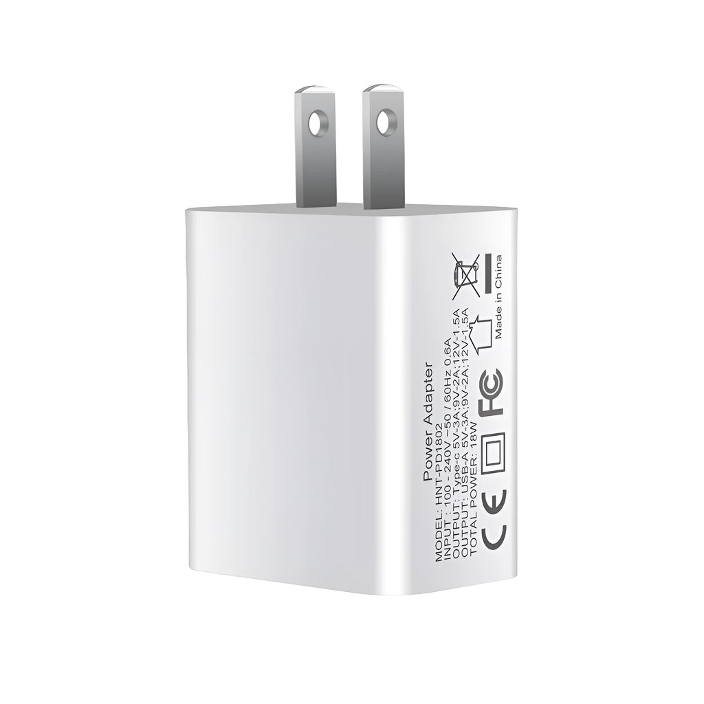 White 18W fast charging plug with dual USB ports, showing EU, UK, and US plug style options.