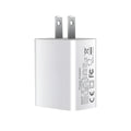 White 18W fast charging plug with dual USB ports, showing EU, UK, and US plug style options.