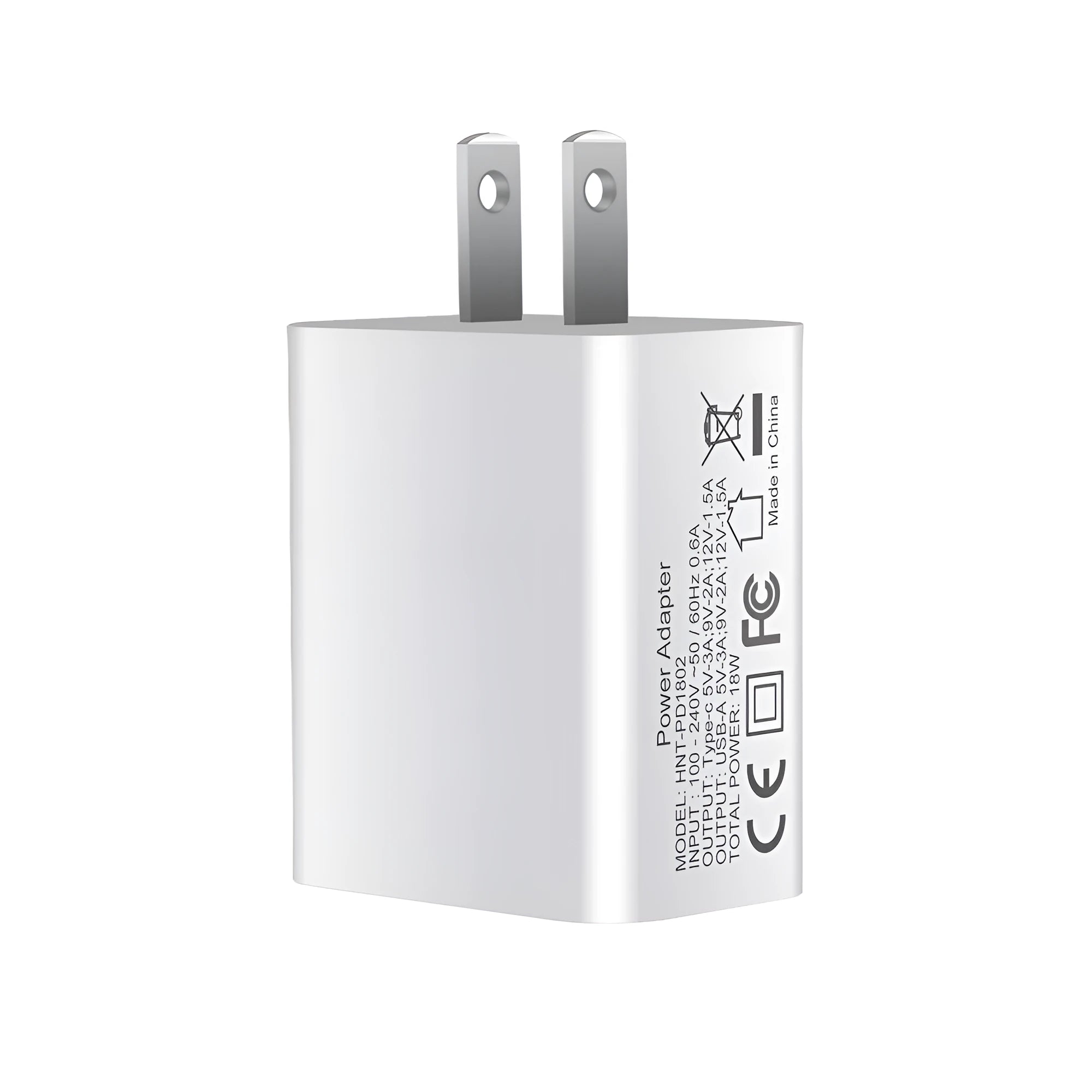 White 18W fast charging plug with dual USB ports, showing EU, UK, and US plug style options.