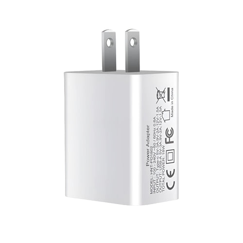 White 18W fast charging plug with dual USB ports, showing EU, UK, and US plug style options.
