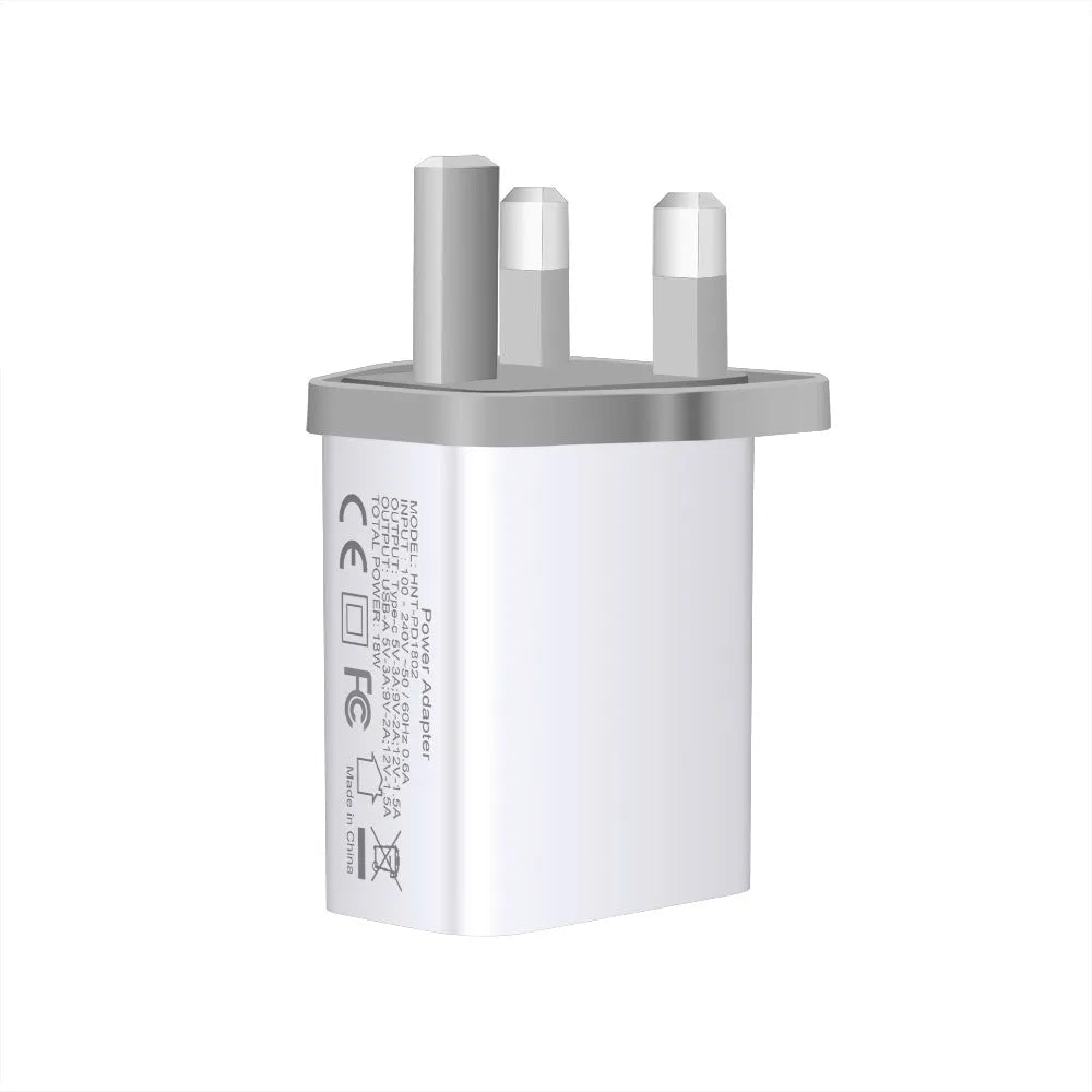 White 18W fast charging plug with dual USB ports, showing EU, UK, and US plug style options.
