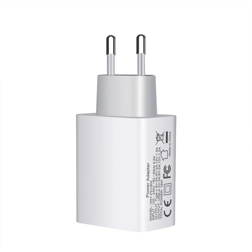 White 18W fast charging plug with dual USB ports, showing EU, UK, and US plug style options.